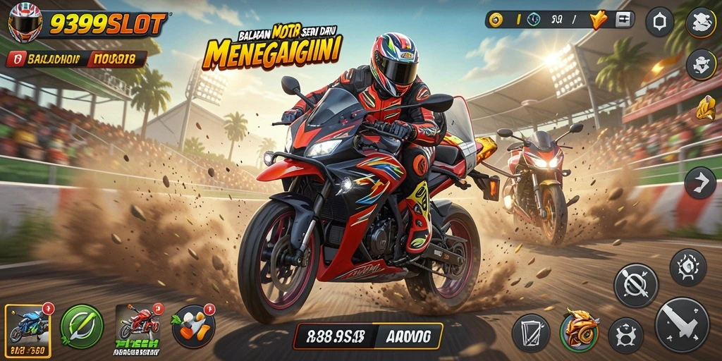 Screenshot utama dari 9399SLOT menampilkan aksi balapan motor yang seru.