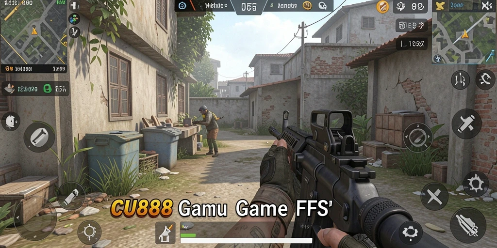 Screenshot CU888 menunjukkan aksi mendebarkan dalam game FPS.