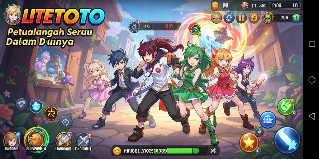 Tampilan dinamis dari gameplay LITETOTO dengan karakter anime yang beraksi.