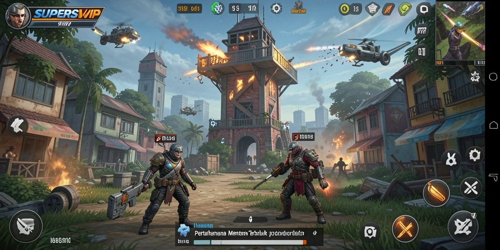 Tangkapan layar utama gameplay SUPERSVIP yang menampilkan strategi Tower Defense.